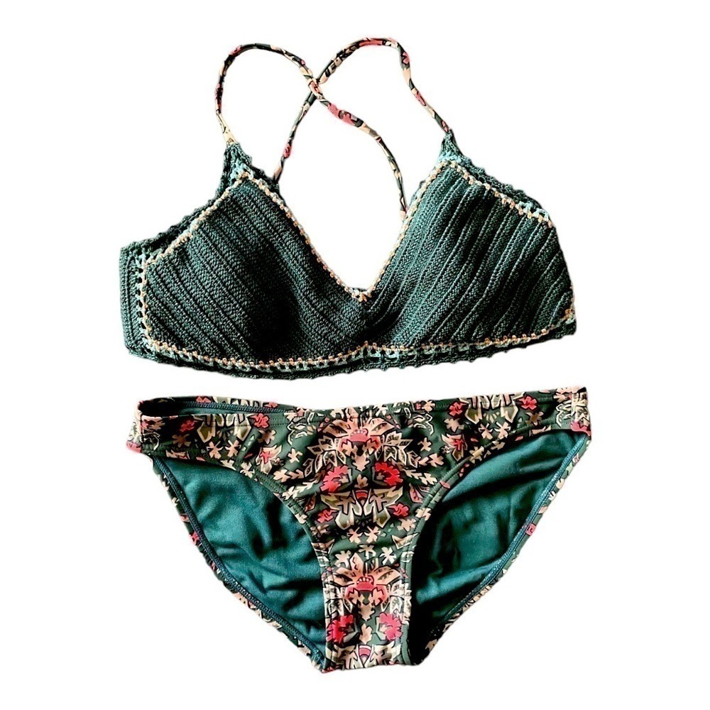 XHILARATION-GREEN KNIT TWO PIECE SWIMSUIT